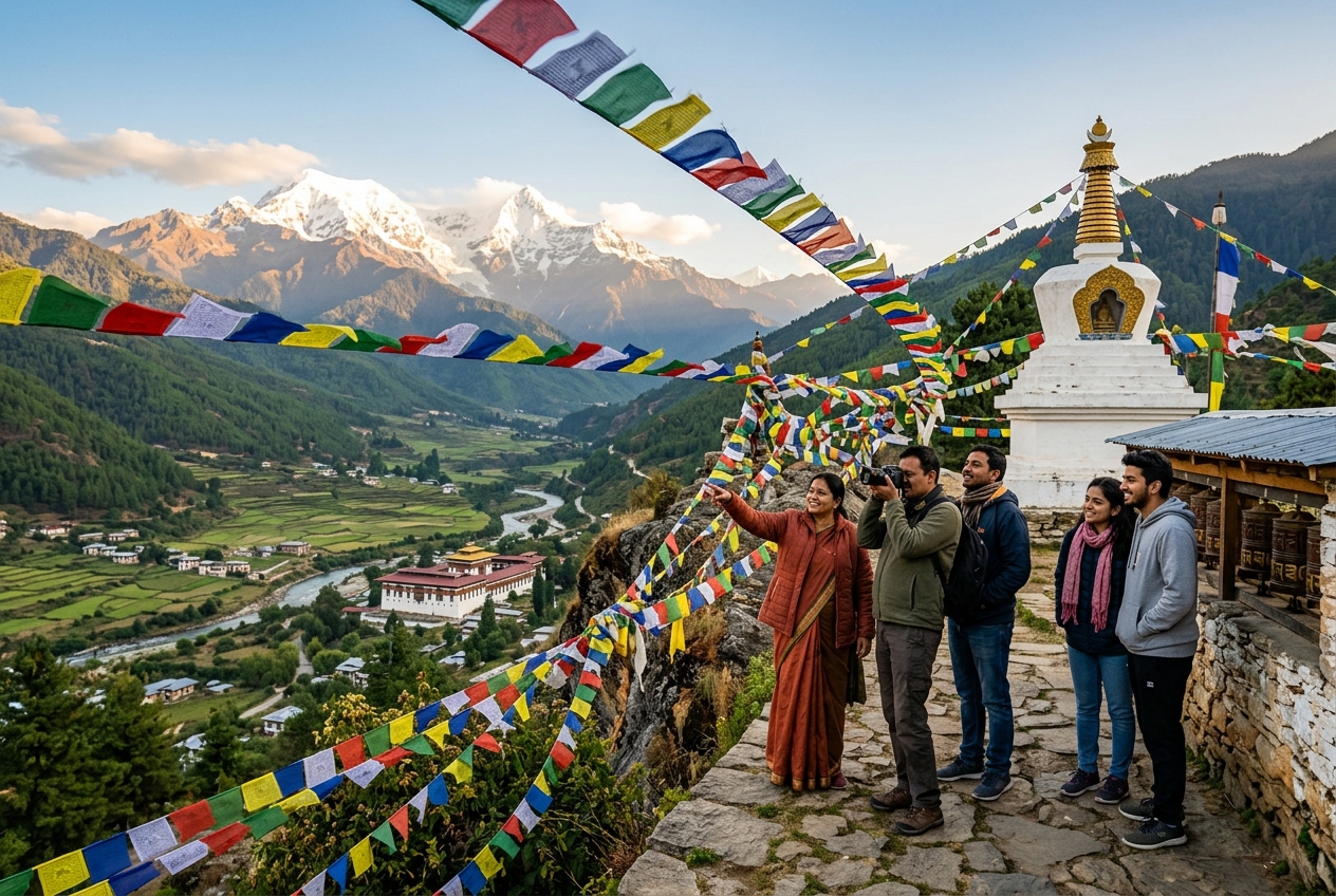 Indian tourists in Nepal Bhutan mountains