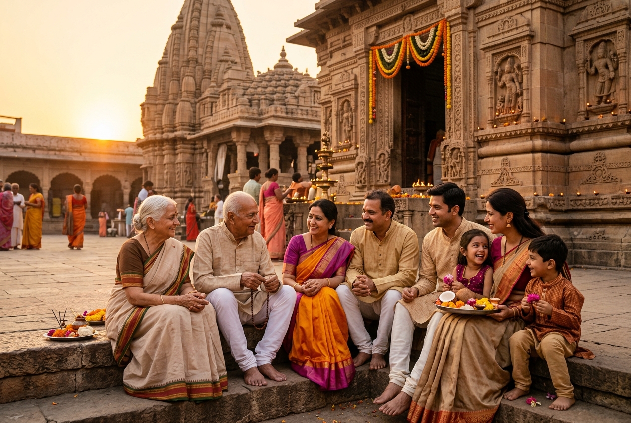Indian family at ancient temple