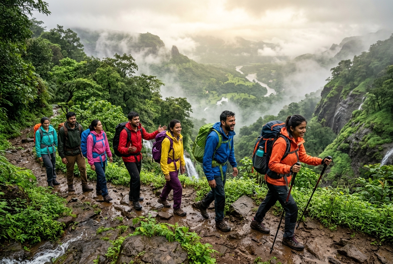 Group trekking in Sahyadri mountains